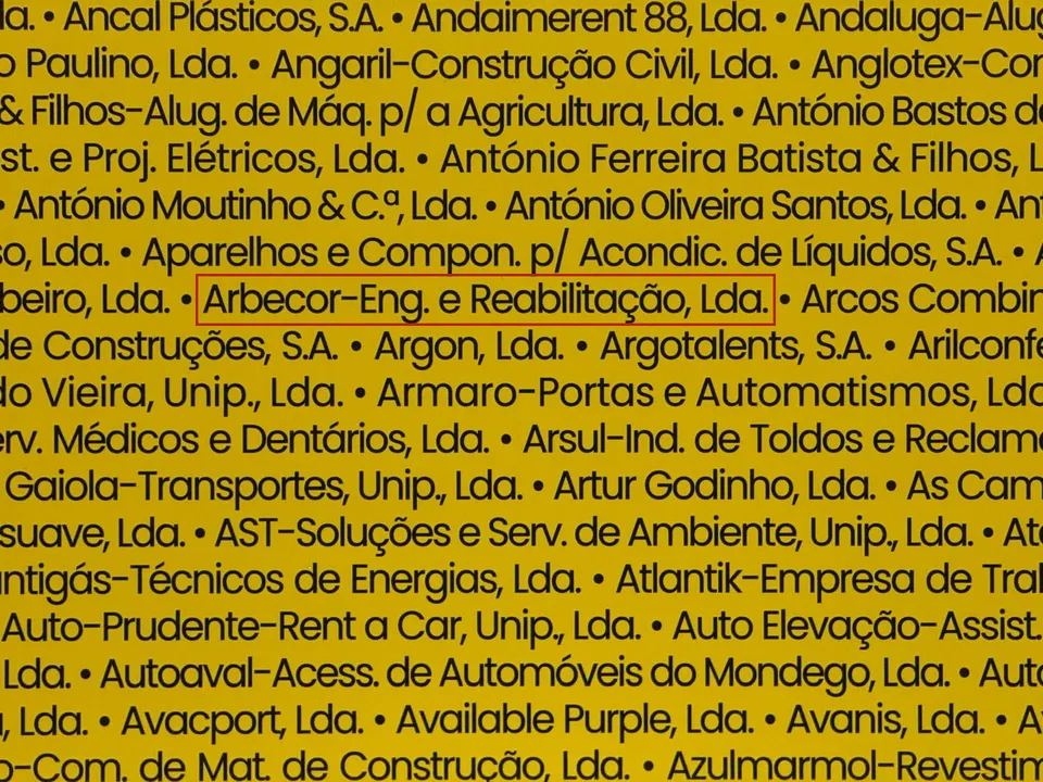 Detalhe do placar PME Excelência 2024 no Multiusos de Guimarães, com o nome Arbecor — Eng. e Reabilitação, Lda. assinalado a vermelho.